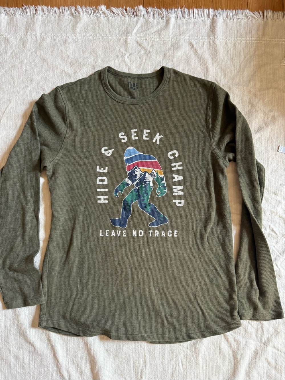 True Craft Olive Green Long-Sleeve Graphic Tee with Mountain Sasquatch